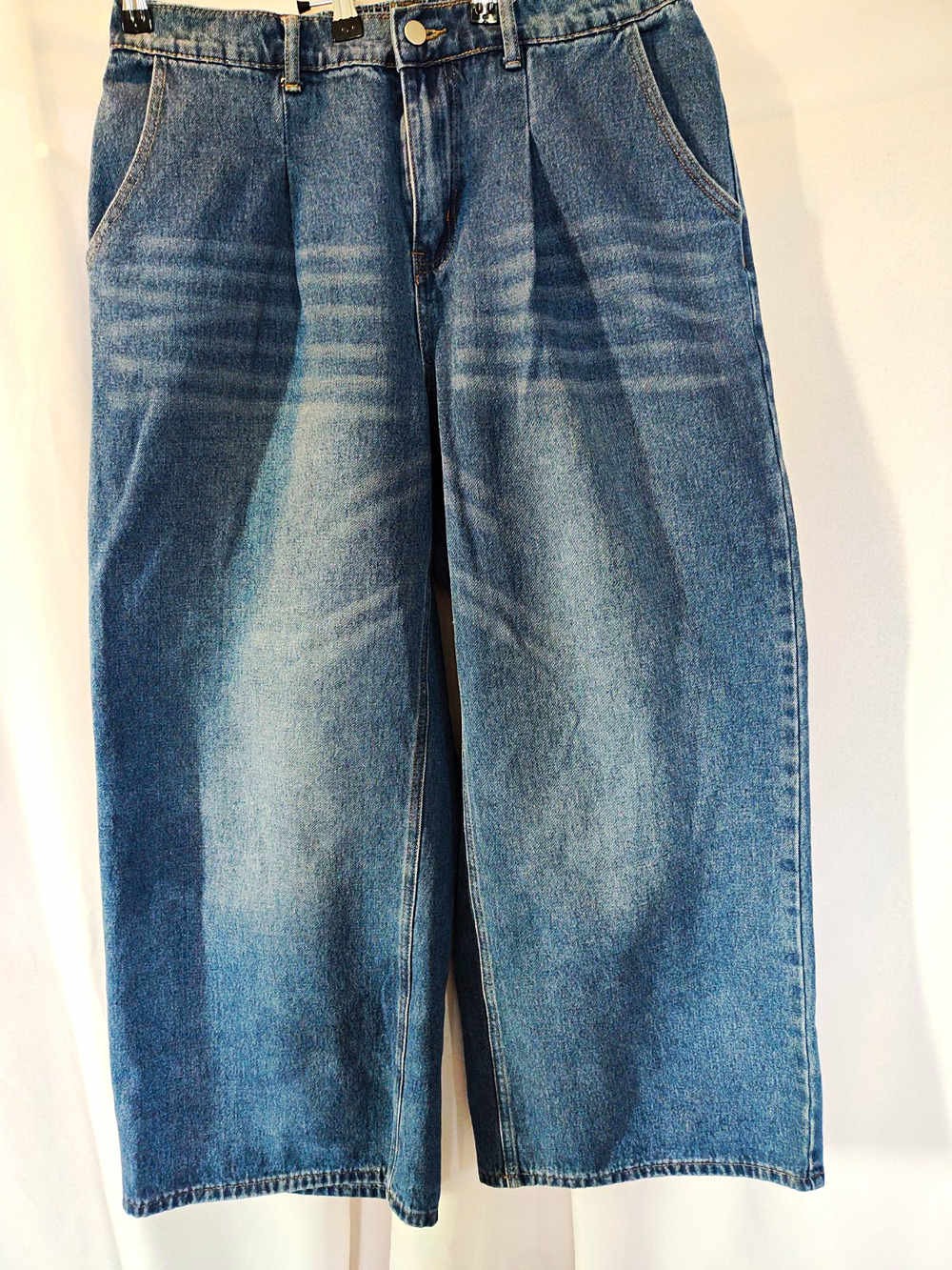 Women’s Blue Denim Wide-Leg Cropped Jeans High Rise Relaxed Fit Pockets XL